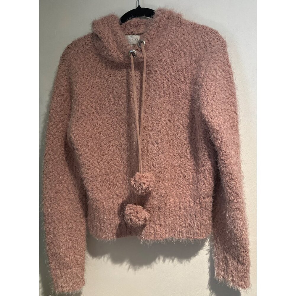 Jun & Ivy Women’s Pom Pom Fuzzy Hoodie Sweater Sze Small Pink PullOver Cozy Knit